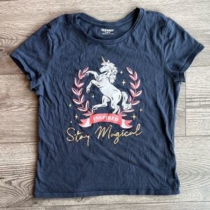 Old Navy Girls Short Sleeve Gray Navy Blue T-Shirt Unicorn Inspired Stay Magical